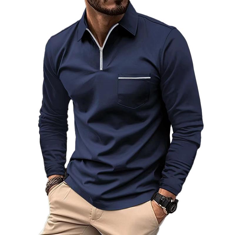 Men's Solid Zipper Lapel Breast Pocket Long Sleeve Polo Shirt 49740491Z