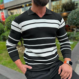 Men's Fashion Colorblock Striped Lapel Long Sleeve Knit Polo Shirt 83709928Z