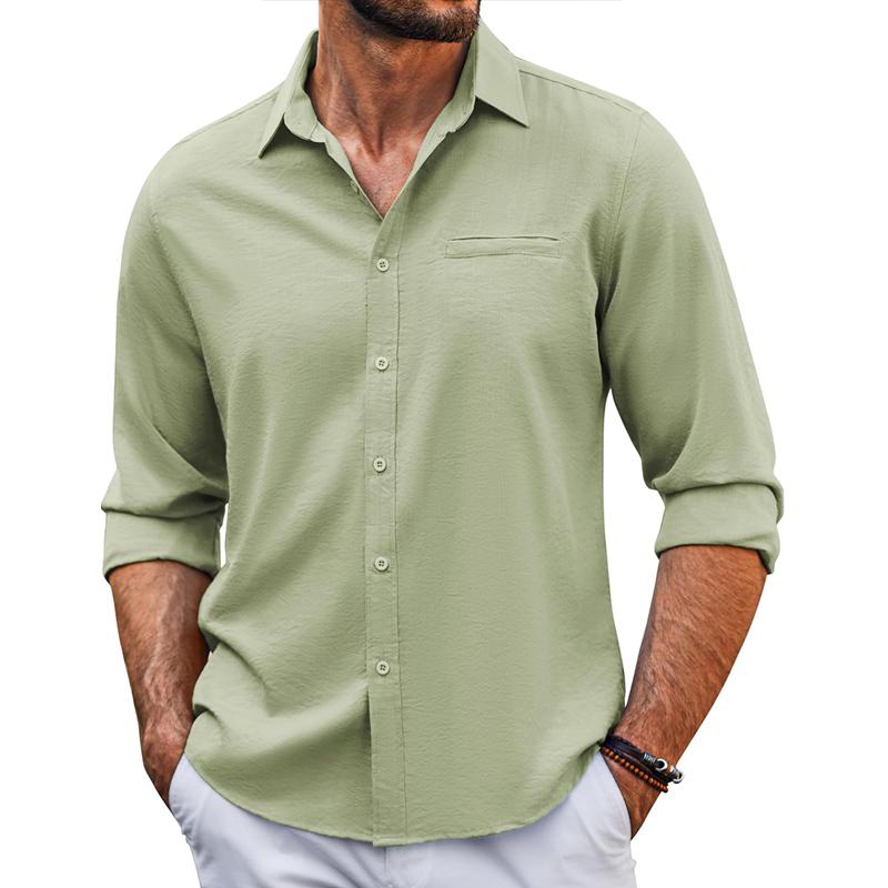 Men's Solid Color Cotton And Linen Lapel Long Sleeve Shirt 93367719Z
