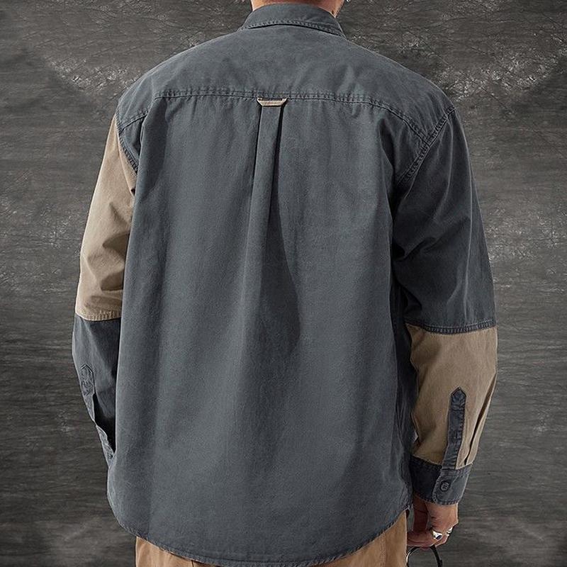 Men's Color Block Lapel Long Sleeve Cargo Shirt 83493639Z