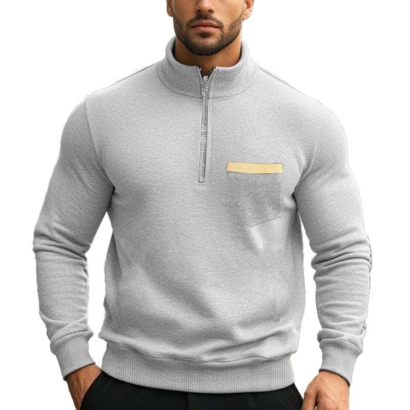 Sweat-shirt décontracté à col montant et fermeture éclair pour homme, couleur unie 21133783X