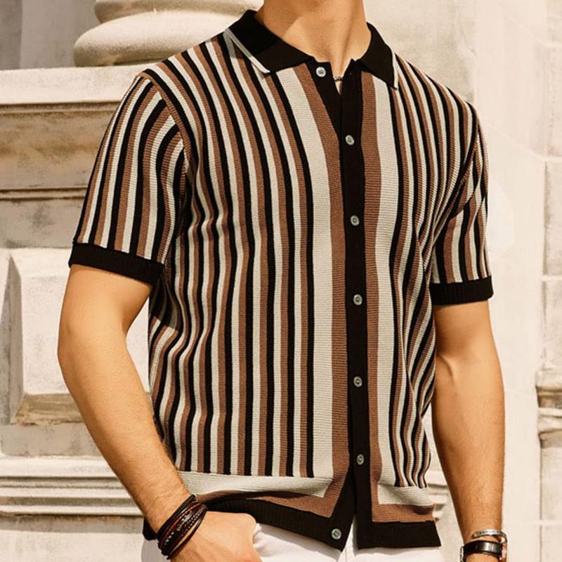 Men's Casual Ice Silk Striped Knitted Lapel Short-Sleeved Cardigan 08944932M