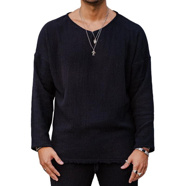 Men's Loose Casual Round Neck Long Sleeve Raw Edge T-shirt 92240382Z