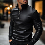 Men's Classic Casual Knitted Stand Collar Zipper Leather Long Sleeve Polo Shirt 03559024K