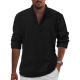 Men's Cotton And Linen Solid Henley Collar Long Sleeve Shirt 37752136Z