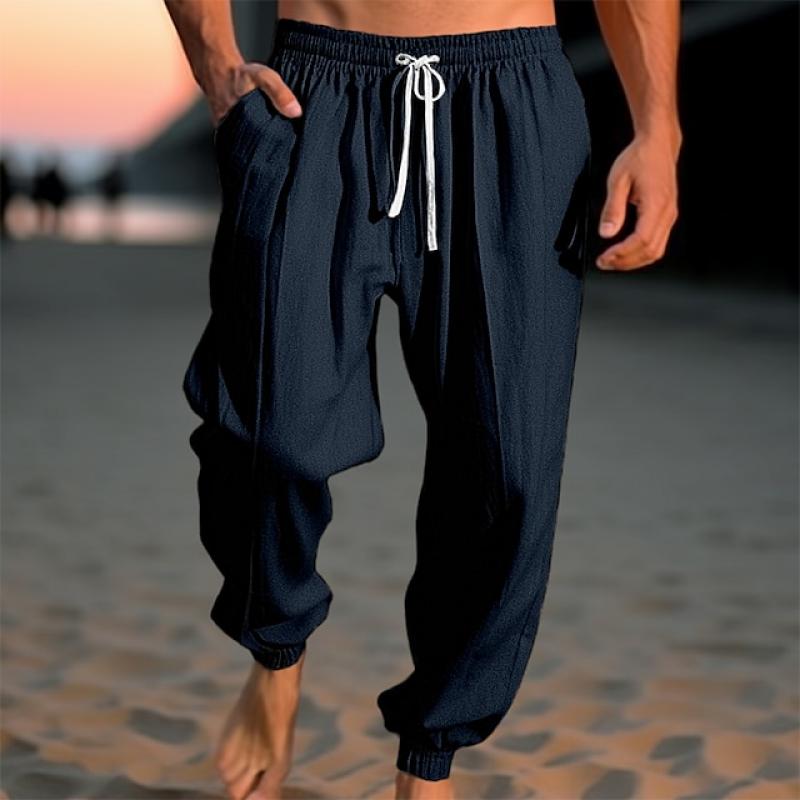 Men's Solid Loose Linen Elastic Waist Casual Pants 48636651Z