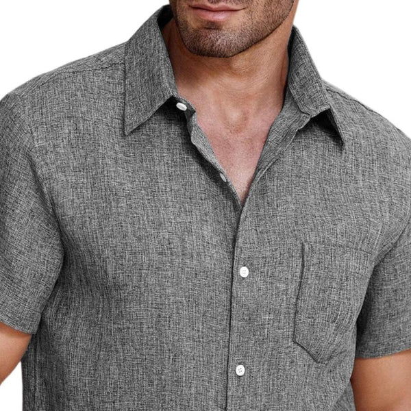 Men's Casual Cotton Linen Blended Lapel Patch Pocket Slim Fit Short Sleeve Shirt 17233172M