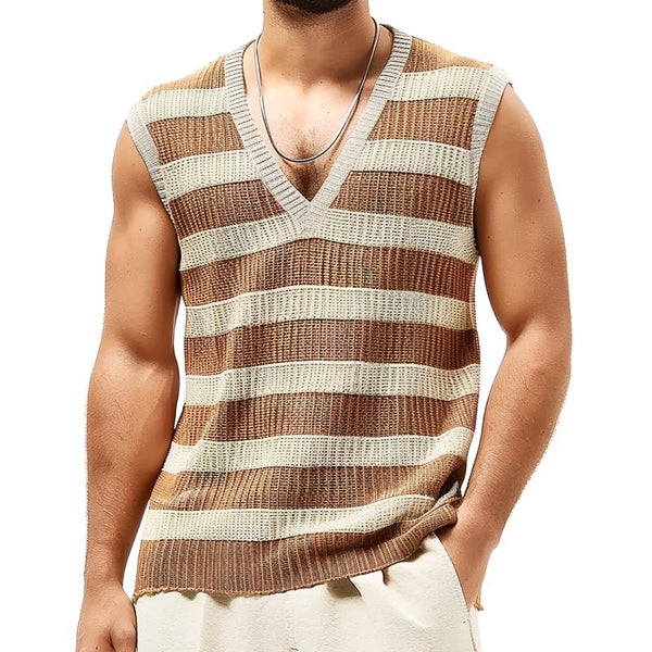 Men's Knitted Striped V-Neck Tank Top 60863291X