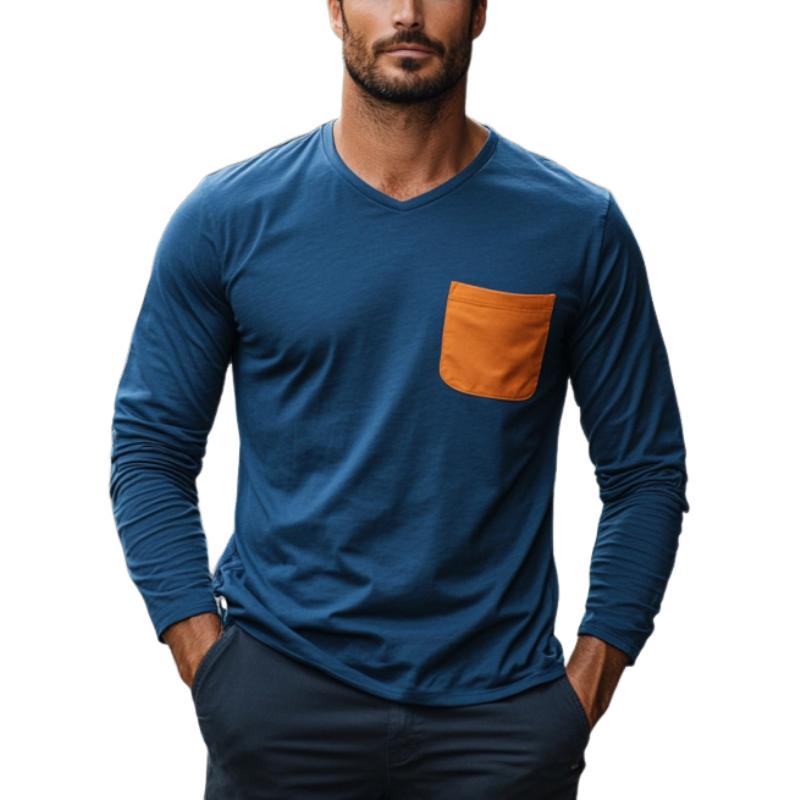 Men's Classic Casual V-Neck Cotton Long Sleeve T-Shirt 69026161K