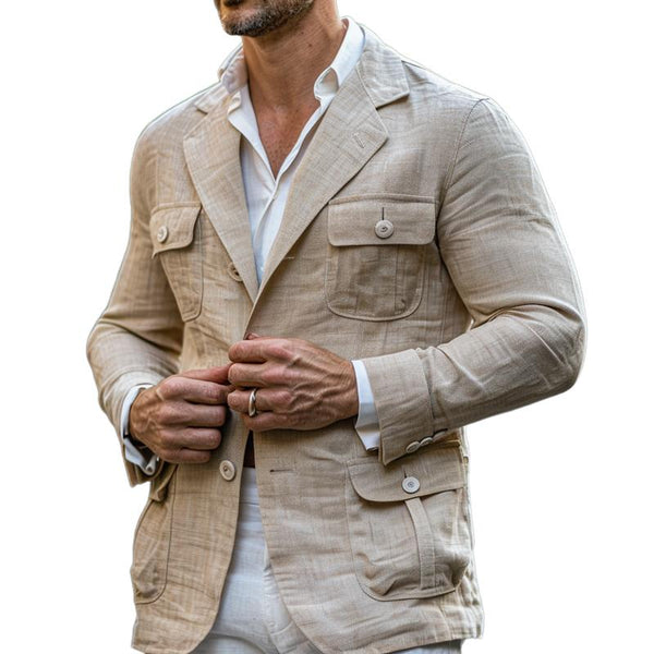 Men's Vintage Notch Lapel Cotton Linen Blended Loose Safari Jacket 30254085M