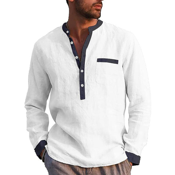 Men's Colorblock Cotton Linen Henley Collar Long Sleeve Shirt 24026327Z