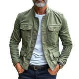 Men's Retro Solid Color Stand Collar Multi-pocket Single Breasted Cargo Jacket 76262227Z