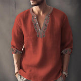 Men's Print Linen V Neck Long Sleeve Shirt 56578095Z