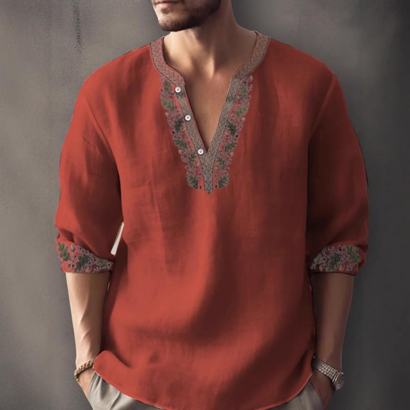 Men's Print Linen V Neck Long Sleeve Shirt 56578095Z