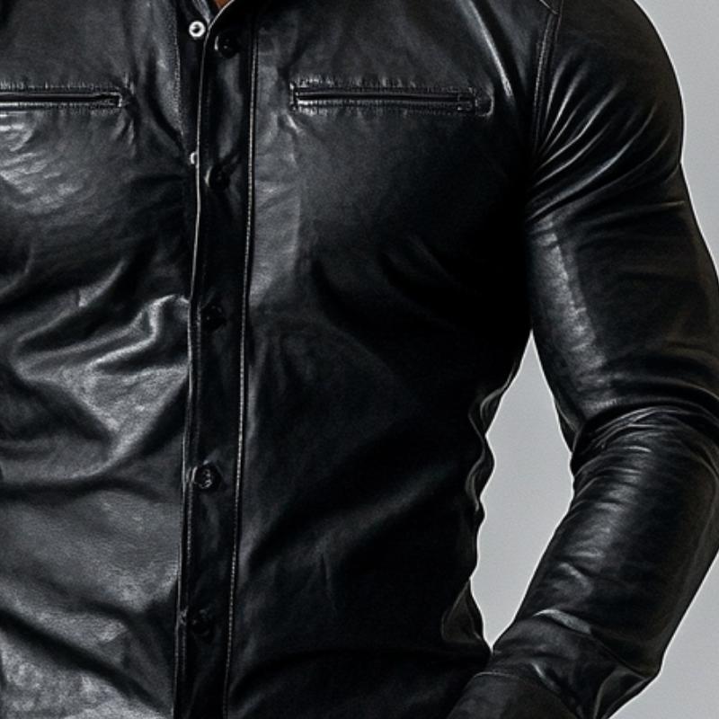 Mens Fashion Single Breasted Slim Fit Long Sleeve Leather Shirt 44723595Y