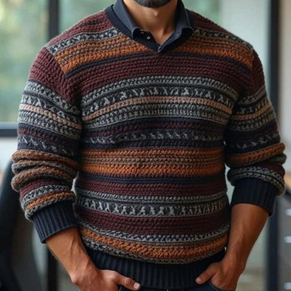 Men's Classic Comfortable Slim Fit Multi-color Splicing V-neck Long-sleeved Sweater 78107875K