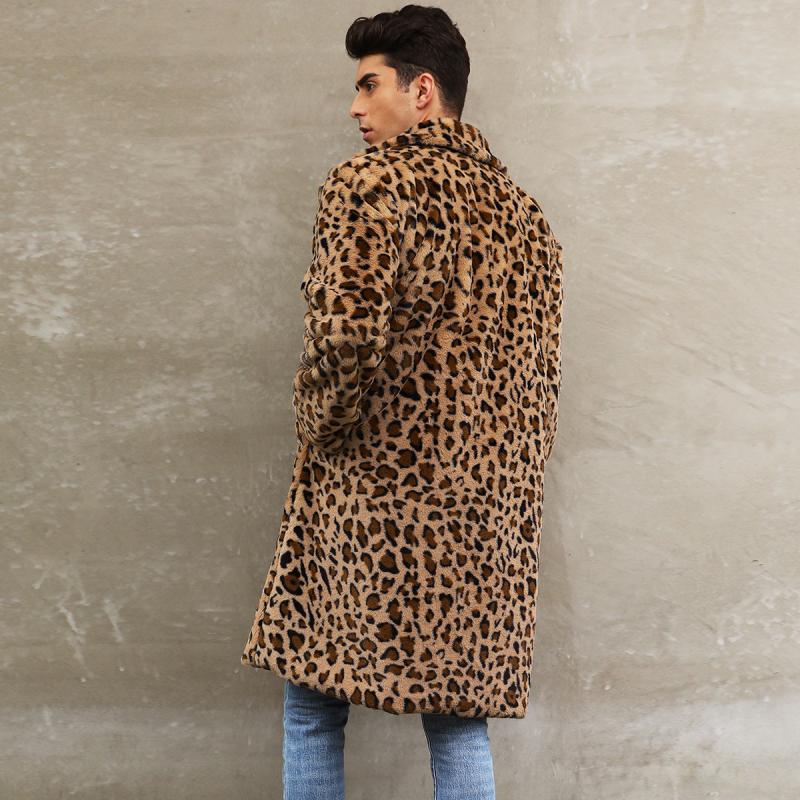 Men's Classic Casual Leopard Plush Faux Fur Suit Collar Mid-Length Coat 66169813K