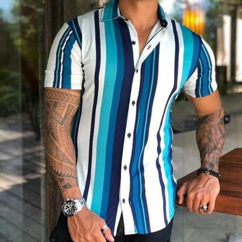 Men's Striped Lapel Short Sleeve Beach Shirt 12894670Z
