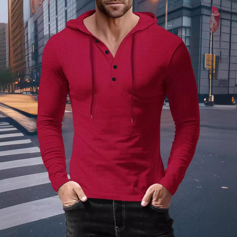 Men's Casual Solid Color Waffle Slim Long Sleeve Hoodie 06245850M