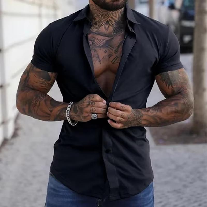 Herren Sport-Fitness-Shirt mit einfarbigem Revers und kurzen Ärmeln 23811118Z