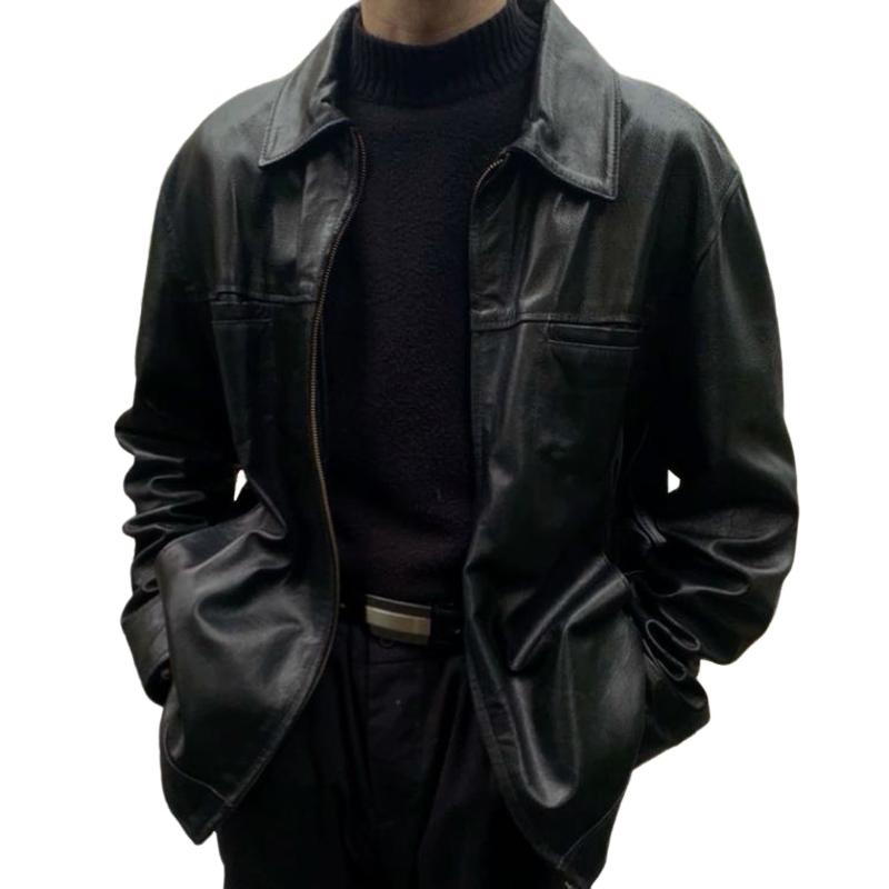 【24-hour shipping】Men's Retro Casual Solid Color Lapel Leather Jacket 67714537TO