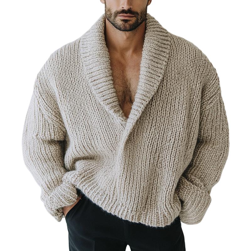 Pull en tricot décontracté à manches longues et revers de couleur unie pour homme, style oversize, 16200506Z