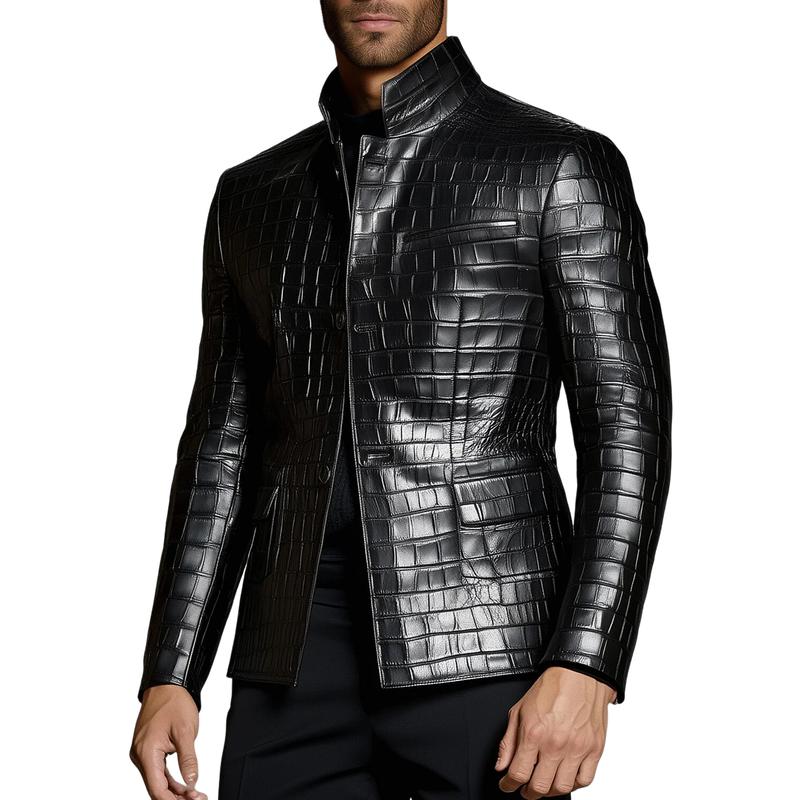 Men's Fashion Check Embossed Lapel Single Breasted Leather Blazer 64221991Y