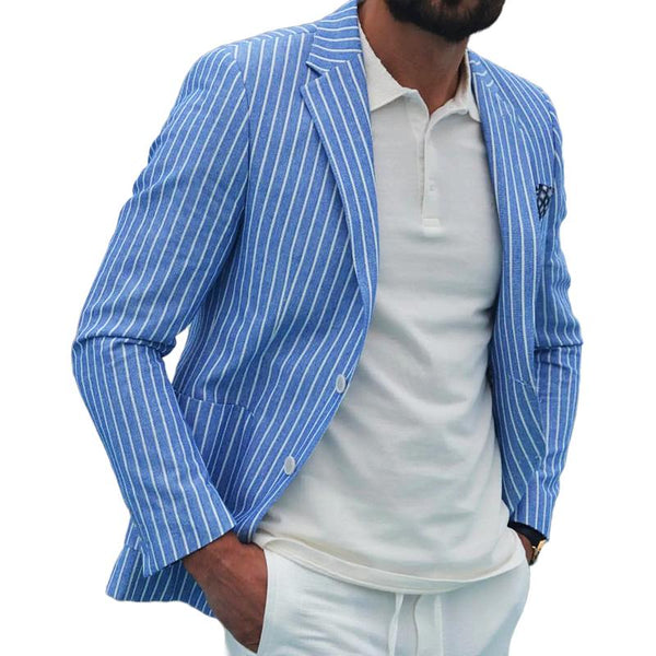 Men's Casual Retro Cotton and Linen Striped Blazer 95333583TO