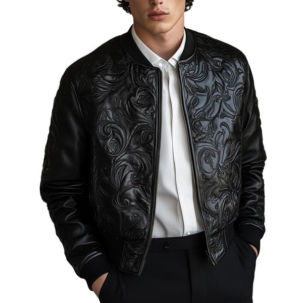 Men's Black Embossed Zip-Up Leather Jacket 34251062U