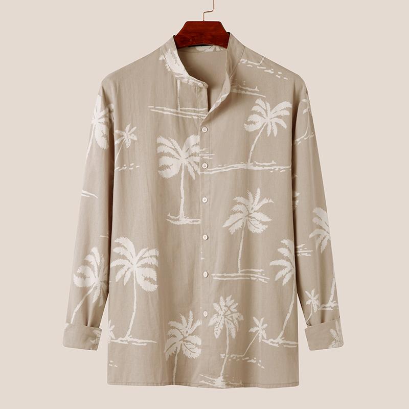 Men's Coconut Tree Print Stand Collar Long Sleeve Shirt 85918540Z