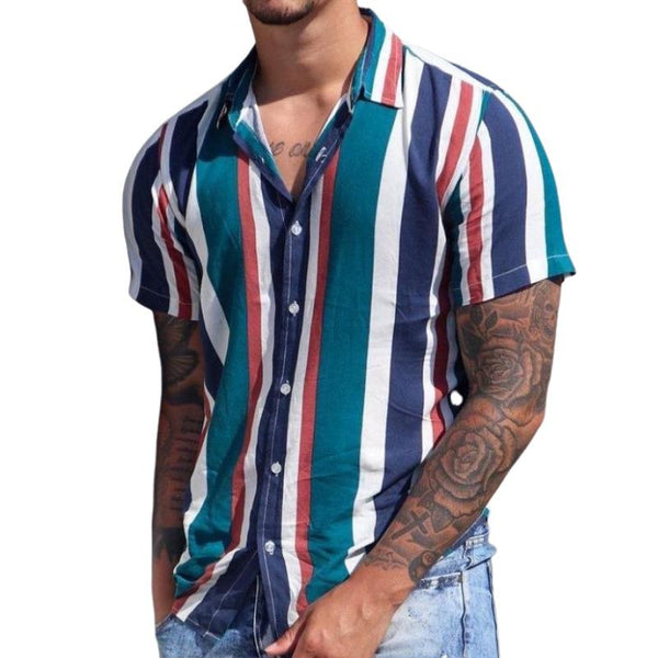 Men's Casual Striped Lapel Short Sleeve Shirt 90096936TO