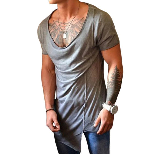 Men's Casual U-neck Irregular Hem Patchwork Short-sleeved T-shirt 16476749M