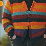 Men's Retro Color Striped Stitching Collarless Single-Breasted Knitted Cardigan 68159384Y