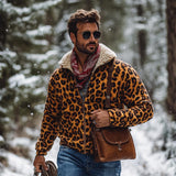 Men's Vintage Leopard Print Plush Lining Warm Zipper Coat 78399809Y