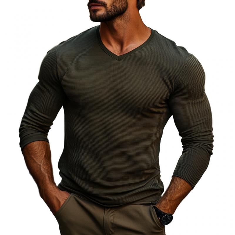 Men's Casual V-neck Waffle Slim Fit Long Sleeve T-shirt 23716209M