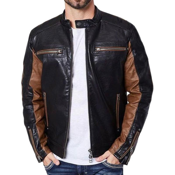 Men's Vintage Colorblock Zip-Up Leather Jacket 99075877U