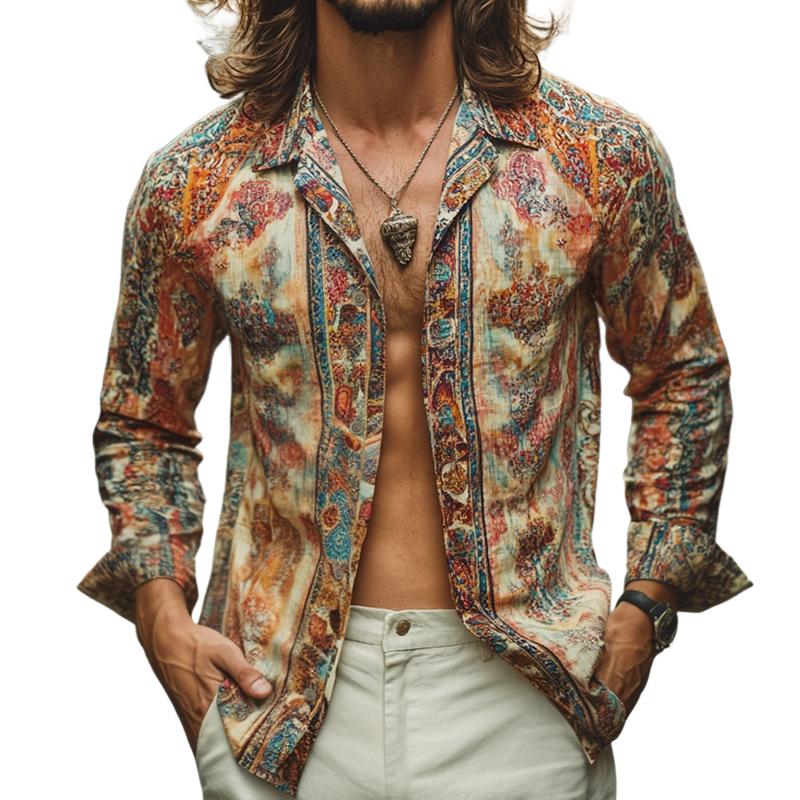 Men's Retro Casual Print Lapel Long Sleeve Shirt 07893904TO