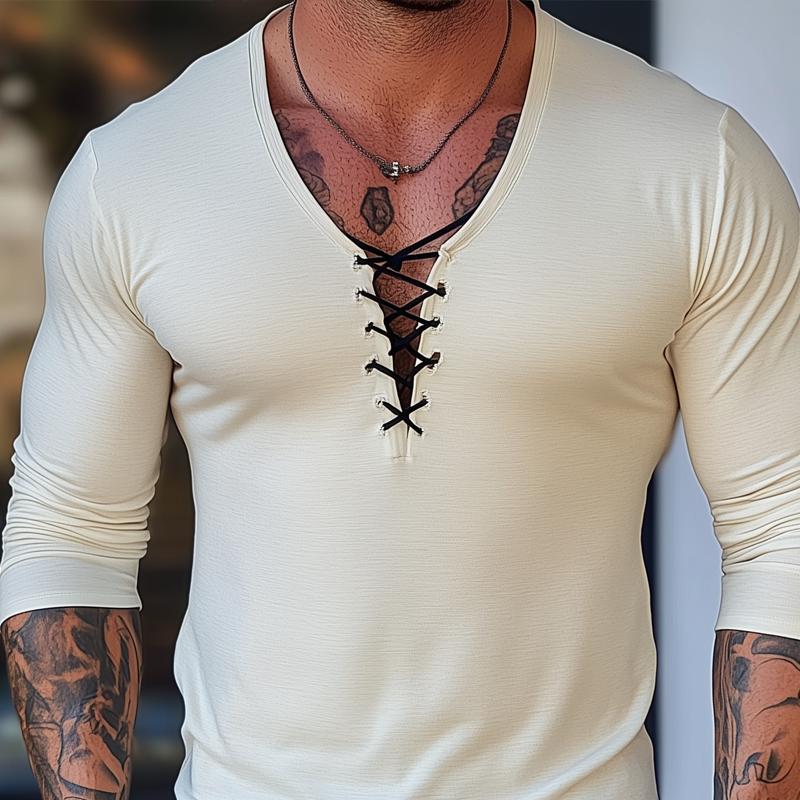 T-shirt casual da uomo tinta unita con lacci e scollo a V, manica lunga 05194418Z