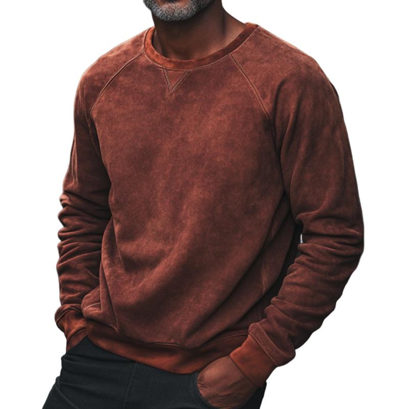 Men's Retro Red Crew Neck Suede Raglan Sleeve Sweatshirt 86699902F