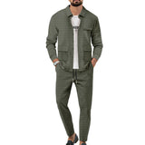 Men's Casual Solid Color Multi-Pocket Jacket And Trousers Set 91536974Y