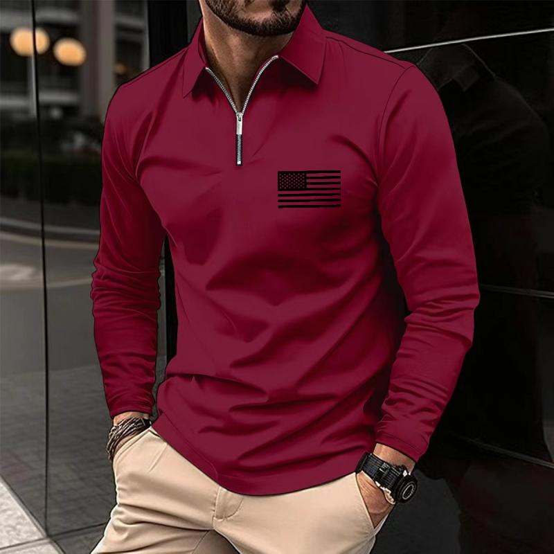 Men's Flag Print Lapel Long Sleeve Polo Shirt 50005756Z