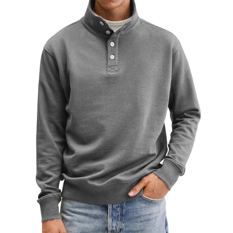 Men's Casual Solid Color Button Stand Collar Pullover Loose Sweatshirt 24842988M