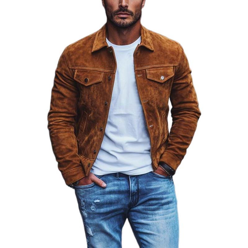 Veste en daim classique décontractée à poches multiples pour homme 70077481K