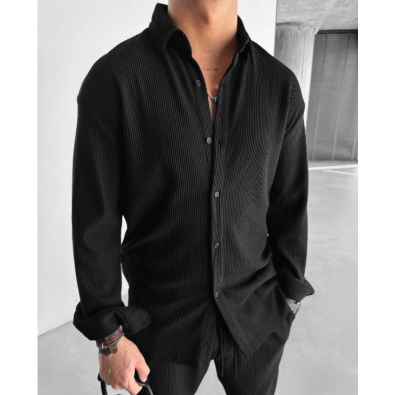 Men's Solid Color Pleated Loose Long Sleeve Shirt 05392146Y