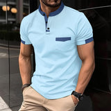 Men's Color Block Stand Collar Chest Pocket Short Sleeve Polo Shirt 40500241Y