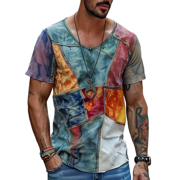 Men's Casual V-neck Color Block Printed Short-sleeved T-shirt 87945027M