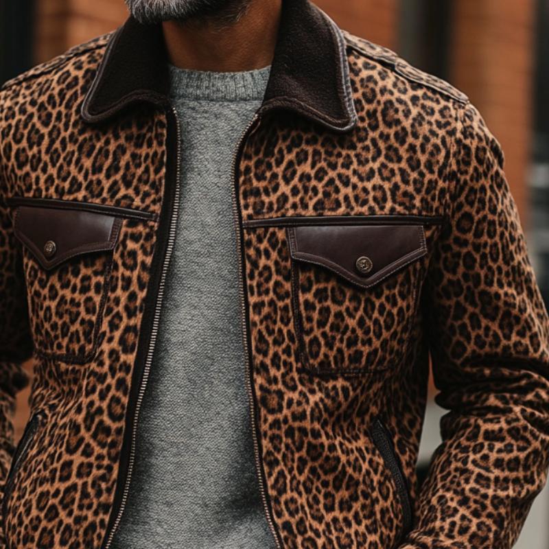 Men's Vintage Leopard Suede Stitching Leather Multi-Pocket Zipper Jacket 21640666Y