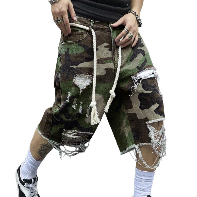 【24-hour shipping】Men's Camouflage Washed Ripped Cropped Trousers 18579912Y