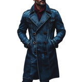 Men's Vintage Washed Distressed Notch Lapel Double-breasted Knee-length Denim Coat 10915763M