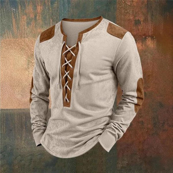 Men's Colorblock Lace-up Henley Collar Long Sleeve Casual T-shirt 83572399Z